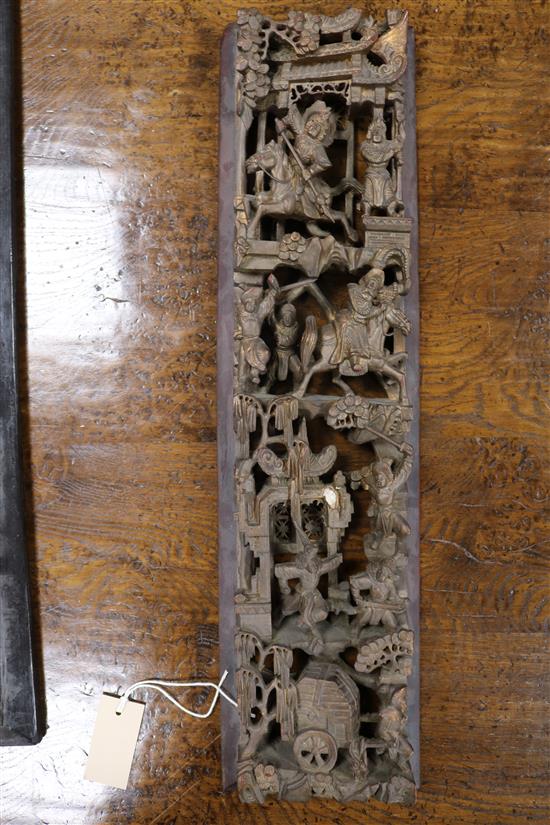Six Chinese carved giltwood upright panels, soldiers and birds amid foliage